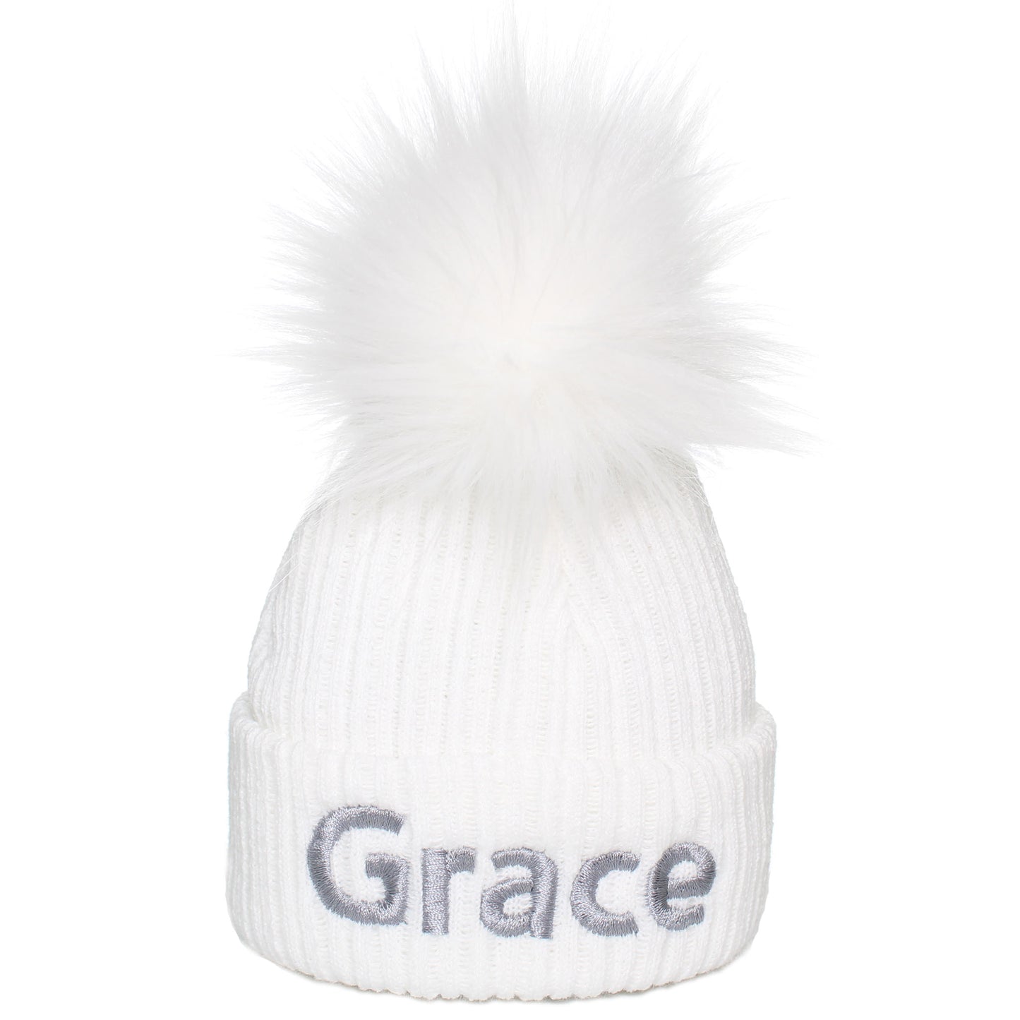 personalised white baby hat with white pom pom
