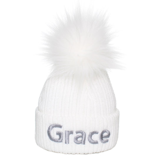 personalised white baby hat with white pom pom