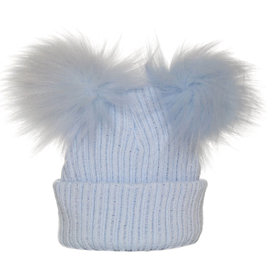 double pom pom blue hat