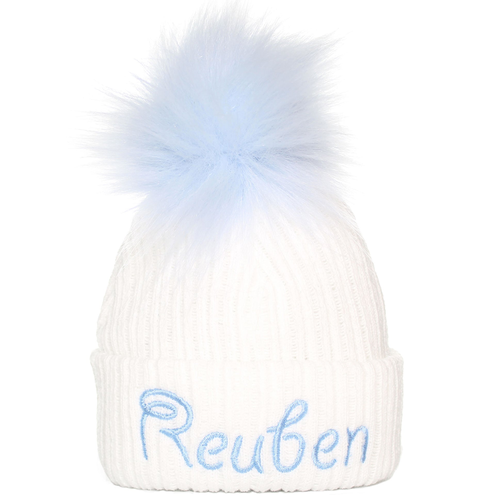 personalised white baby hat with blue pom pom