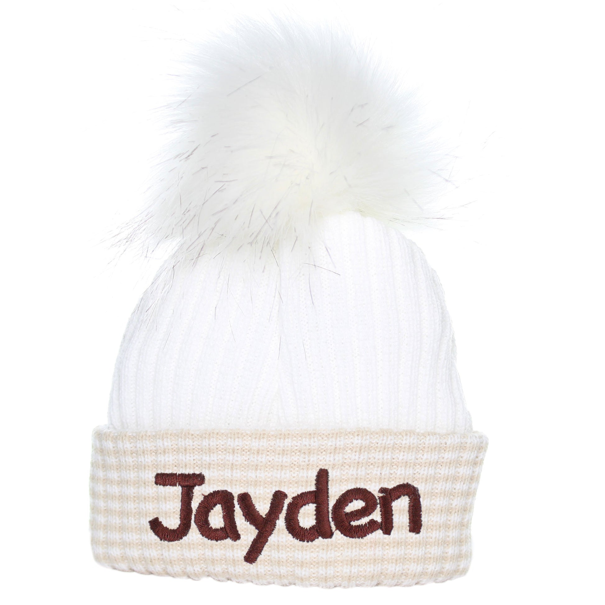baby boys personalised newborn pom hat with beige turn up