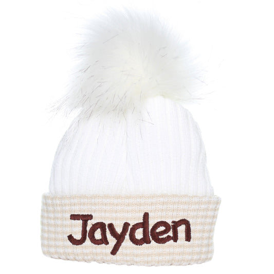 baby boys personalised newborn pom hat with beige turn up