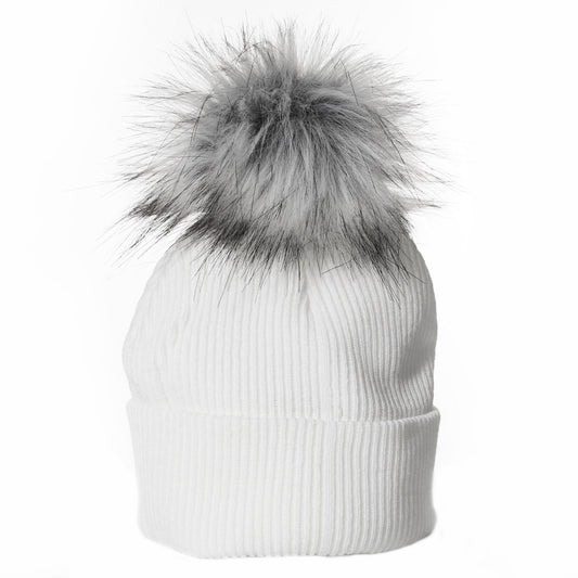 Unisex White Baby Pom Hat with Extra Fluffy Grey Faux Fur Pom Pom – 6–12 Months