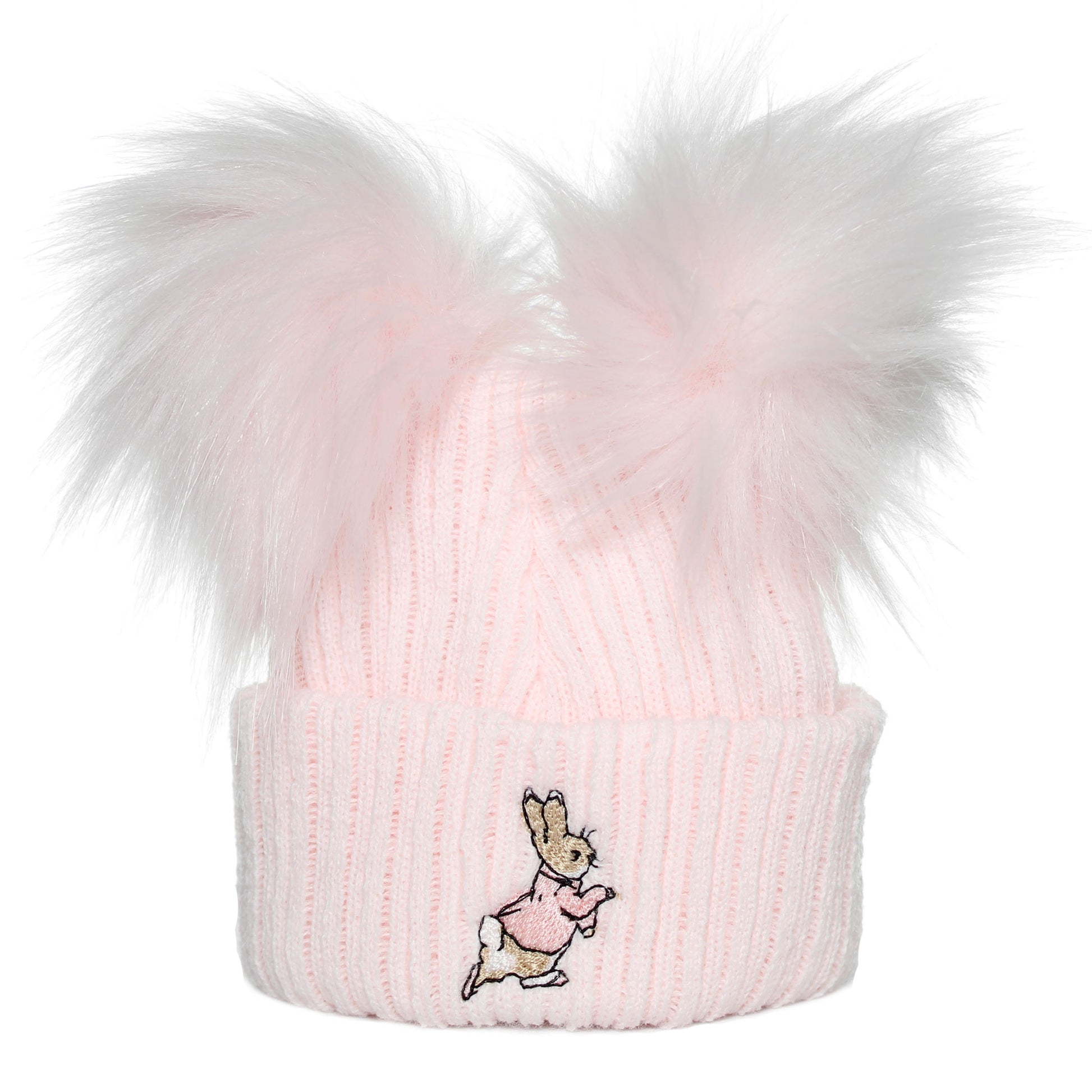 baby girl pale pink double poim hat with rabbit embroidery
