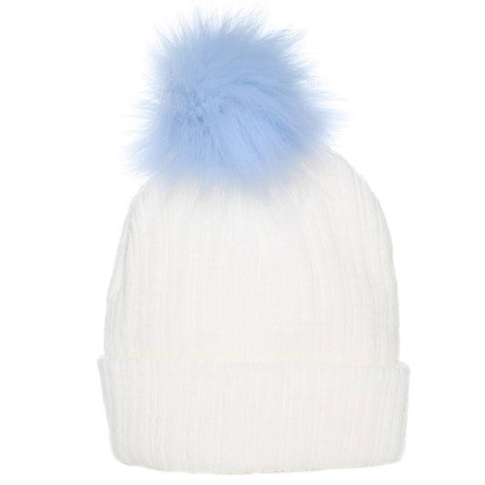 Baby Hat - White with Blue Pom