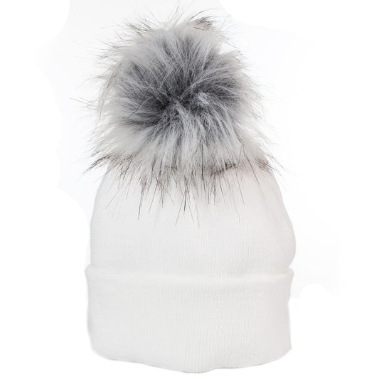 Unisex White Pom Hat with Extra Fluffy Grey Faux Fur Pom – Ages 1–6 Years