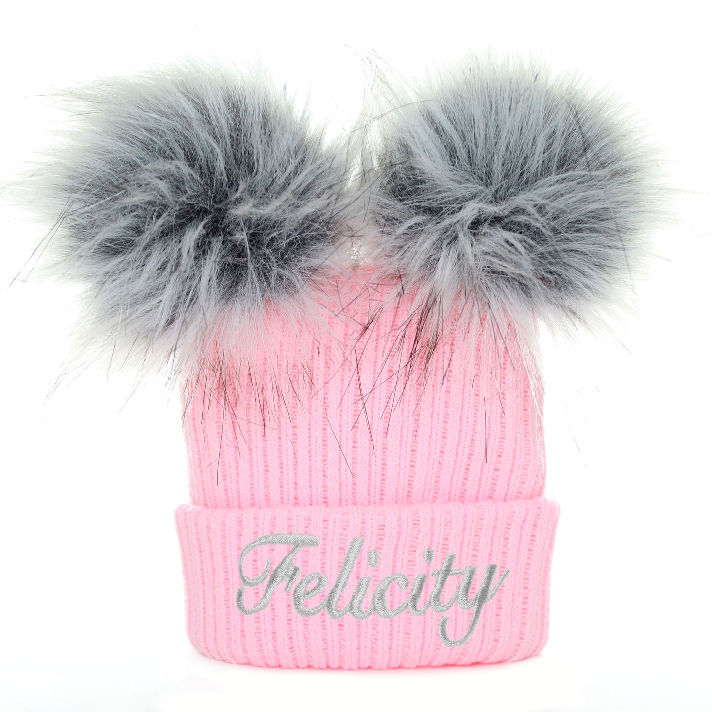 Personalised Baby Girl Hat - Pink Double Faux Fur Pom
