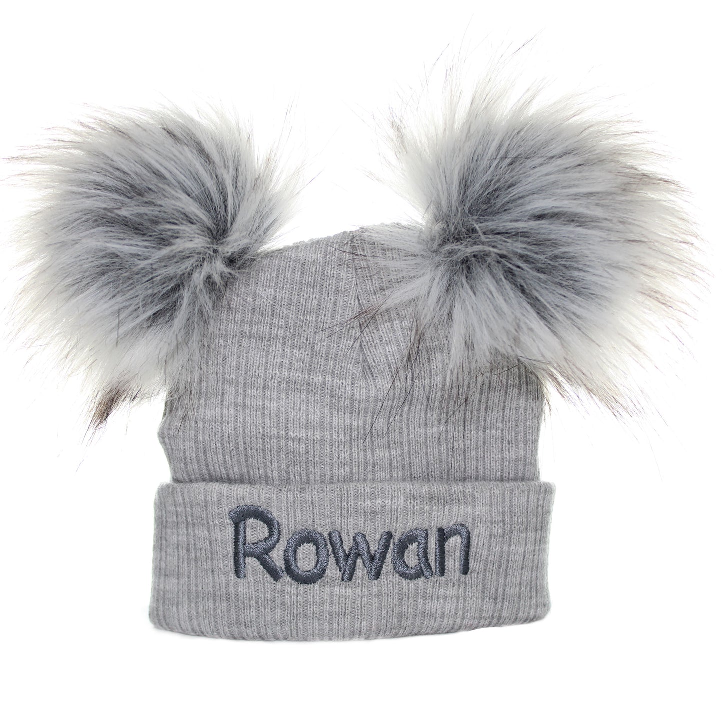 Personalised Two Pom Baby Hat - Grey Double Fur Pom