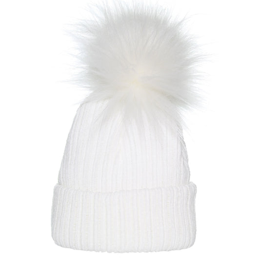 white knitted pom pom hat