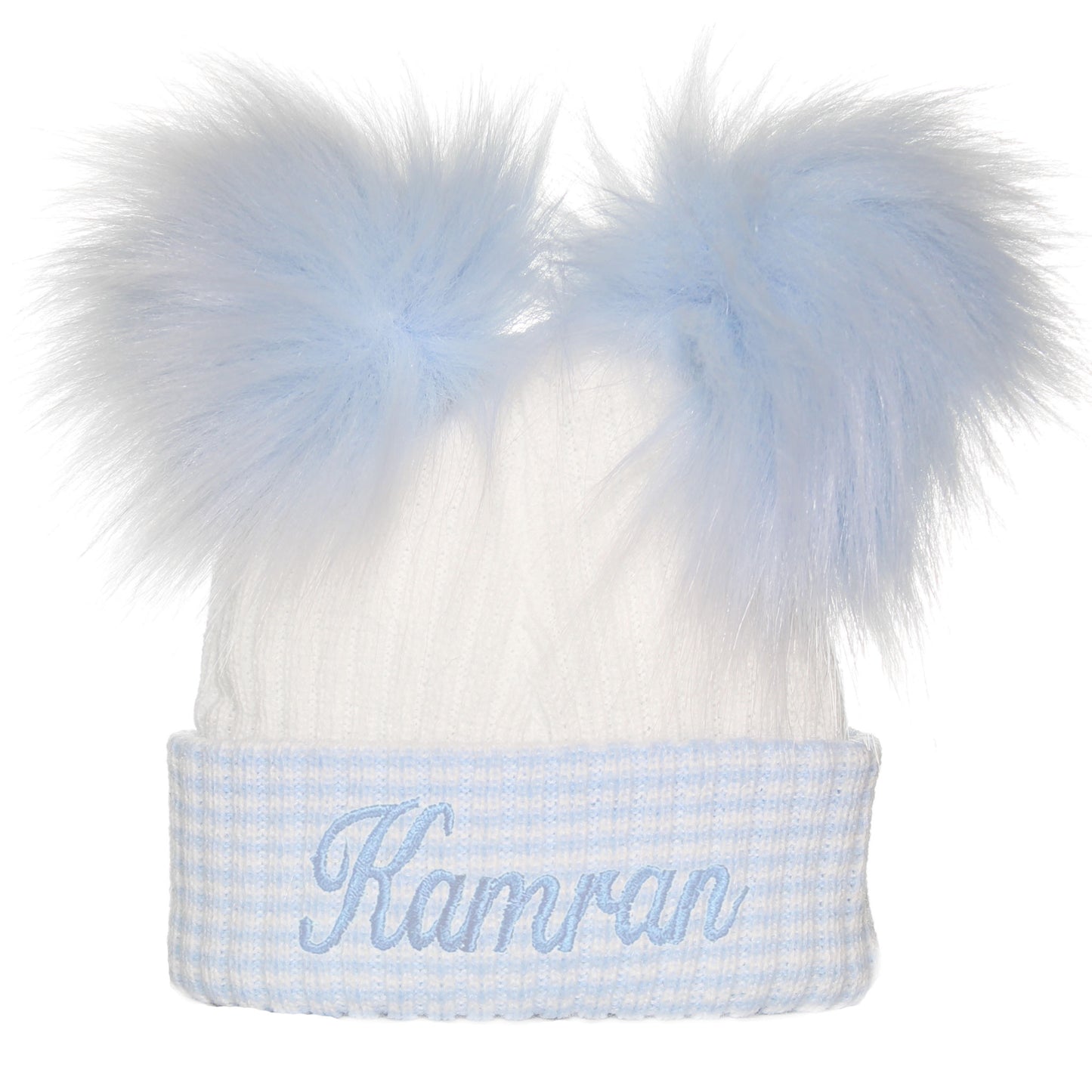 personalised first size baby hat with two pom poms