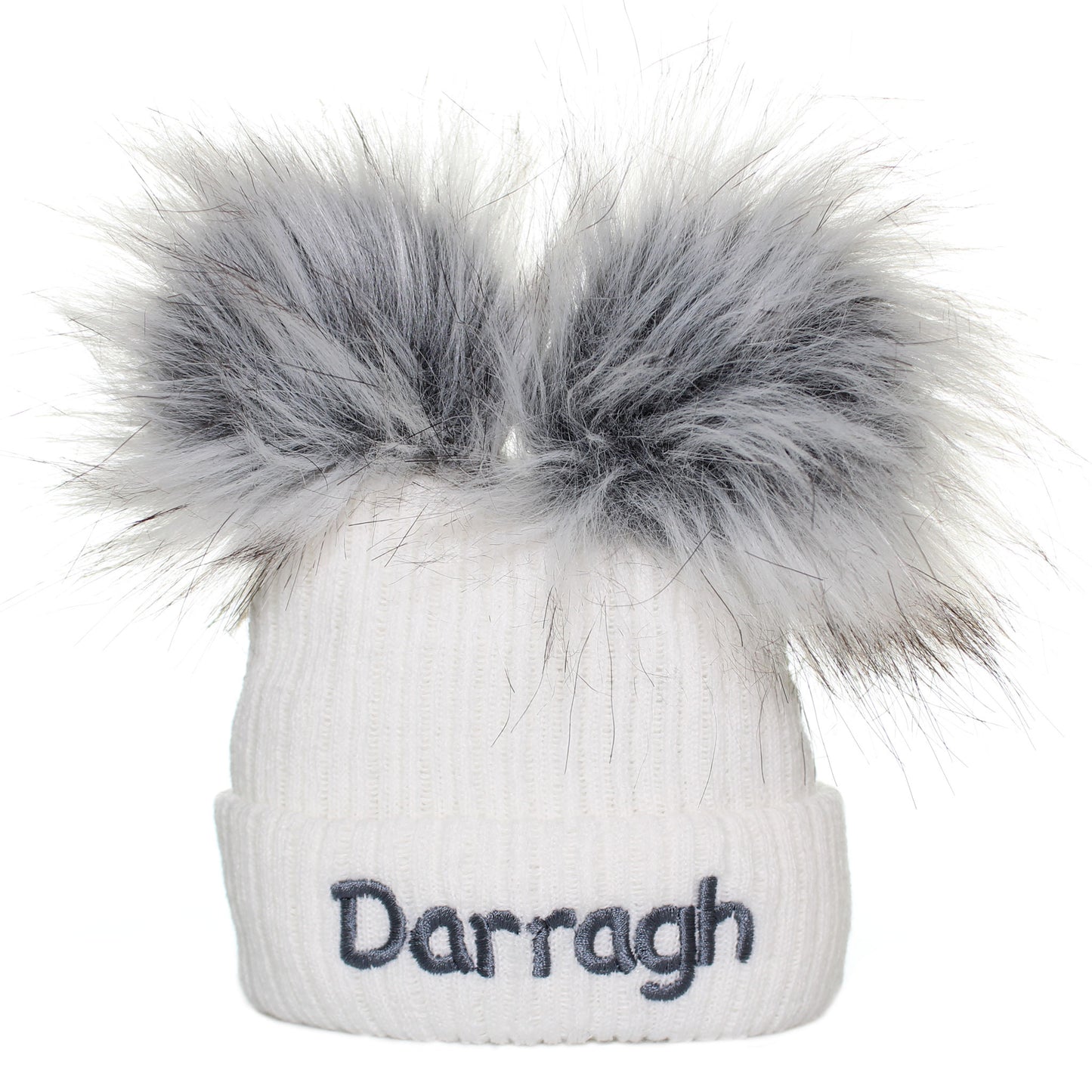 personalised white hat with 2 pom poms