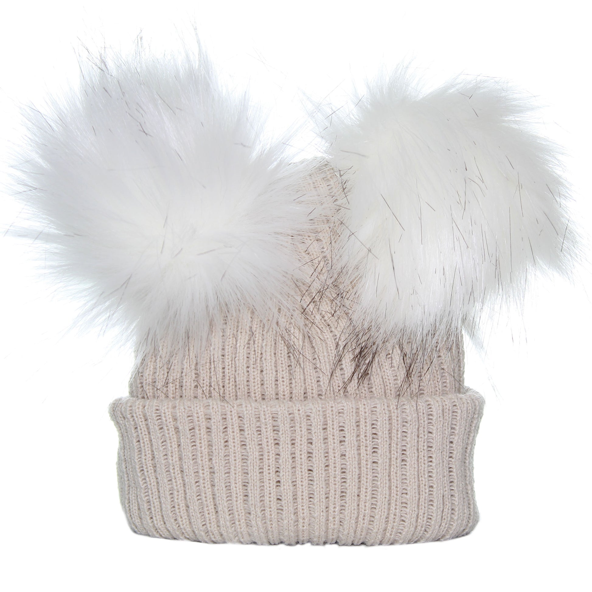 beige double pom knitted hat
