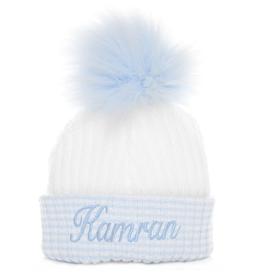 personalised first size newborn baby hat white blue