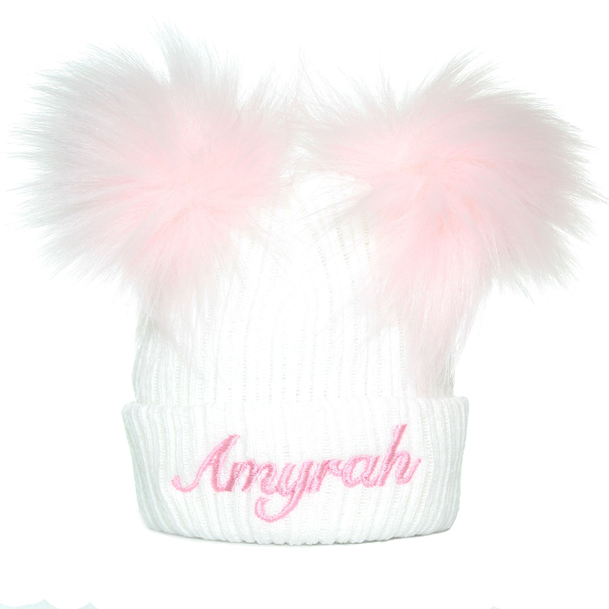 personalised baby girl pom hat in white with pink bobbles