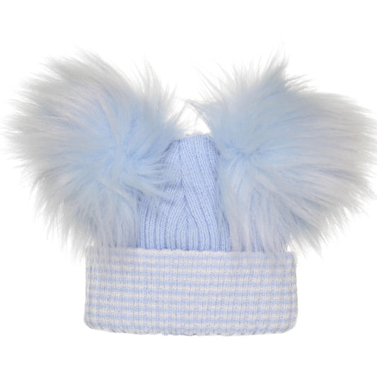 baby blue waffle hat with two poms