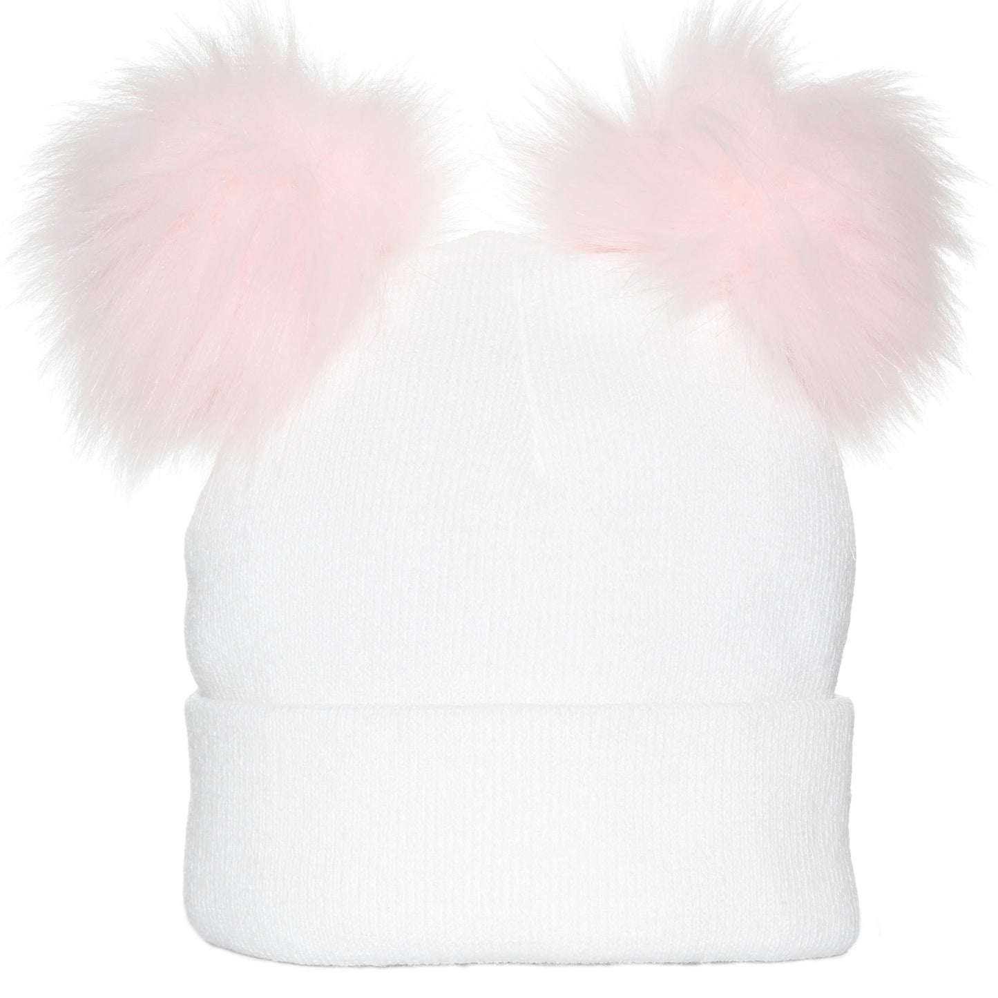 Pastel White/Pink Double Pom Hat - 1 to 6 years
