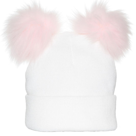 Pastel White/Pink Double Pom Hat - 1 to 6 years