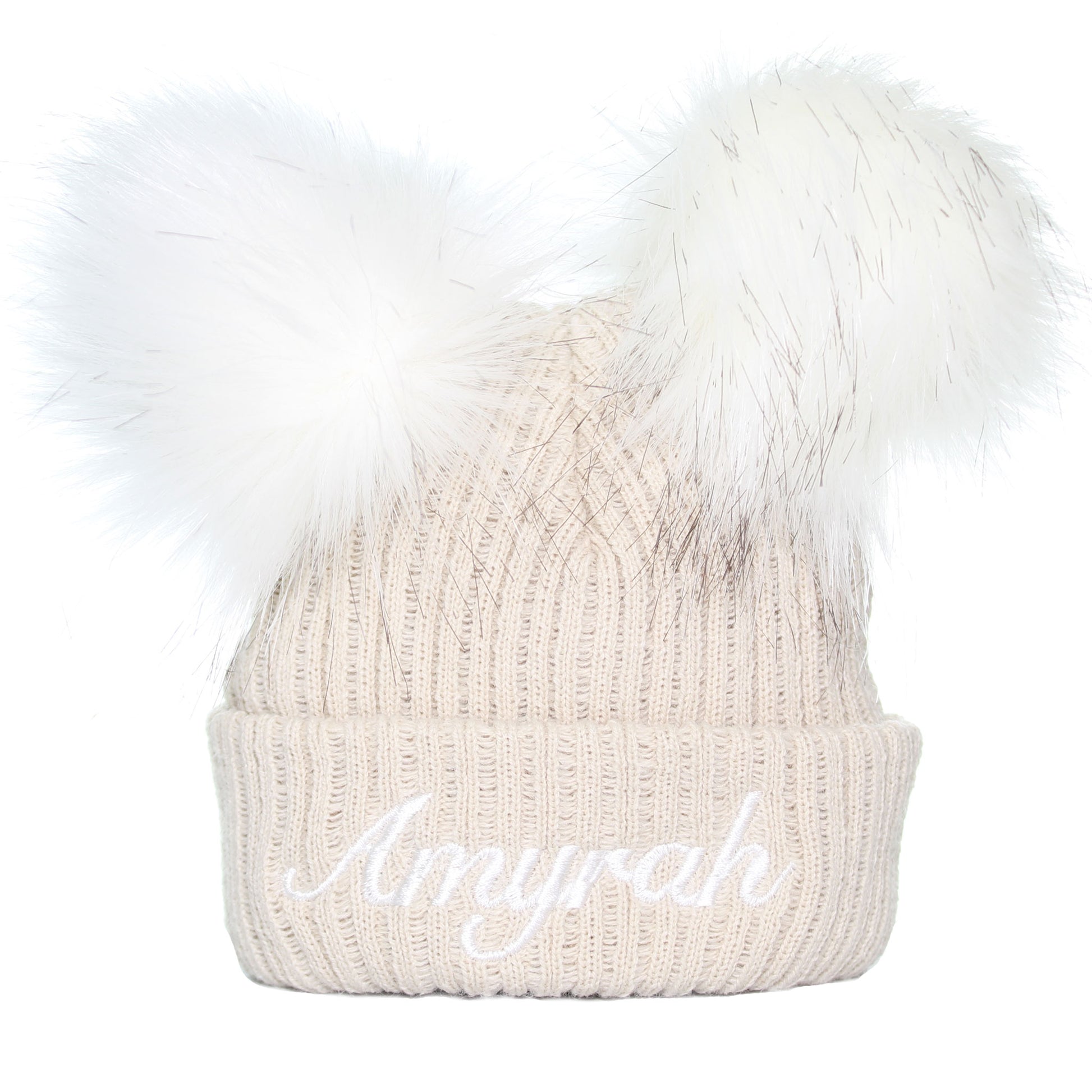 personalised baby beige hat with name in white