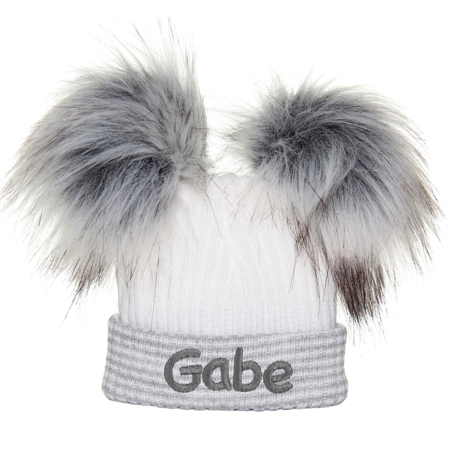 personalised newborn grey white pom pom hat