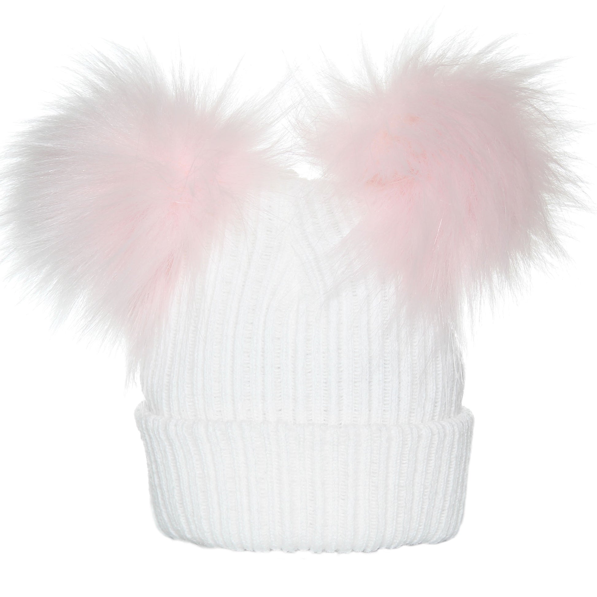 white and pink pom pom hat