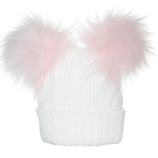 white and pink pom pom hat