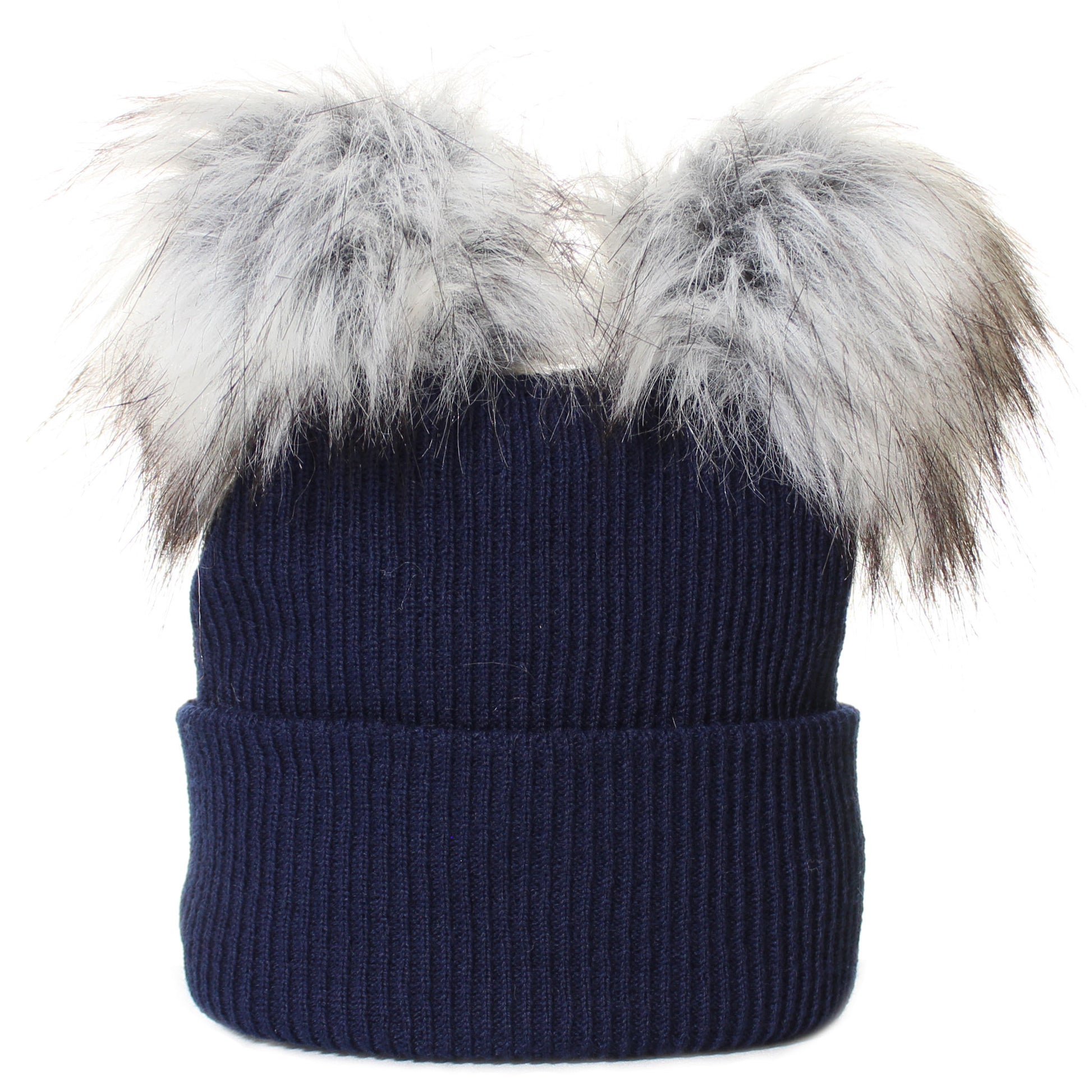 navy blue baby pom hat with double poms for age 6-12 month