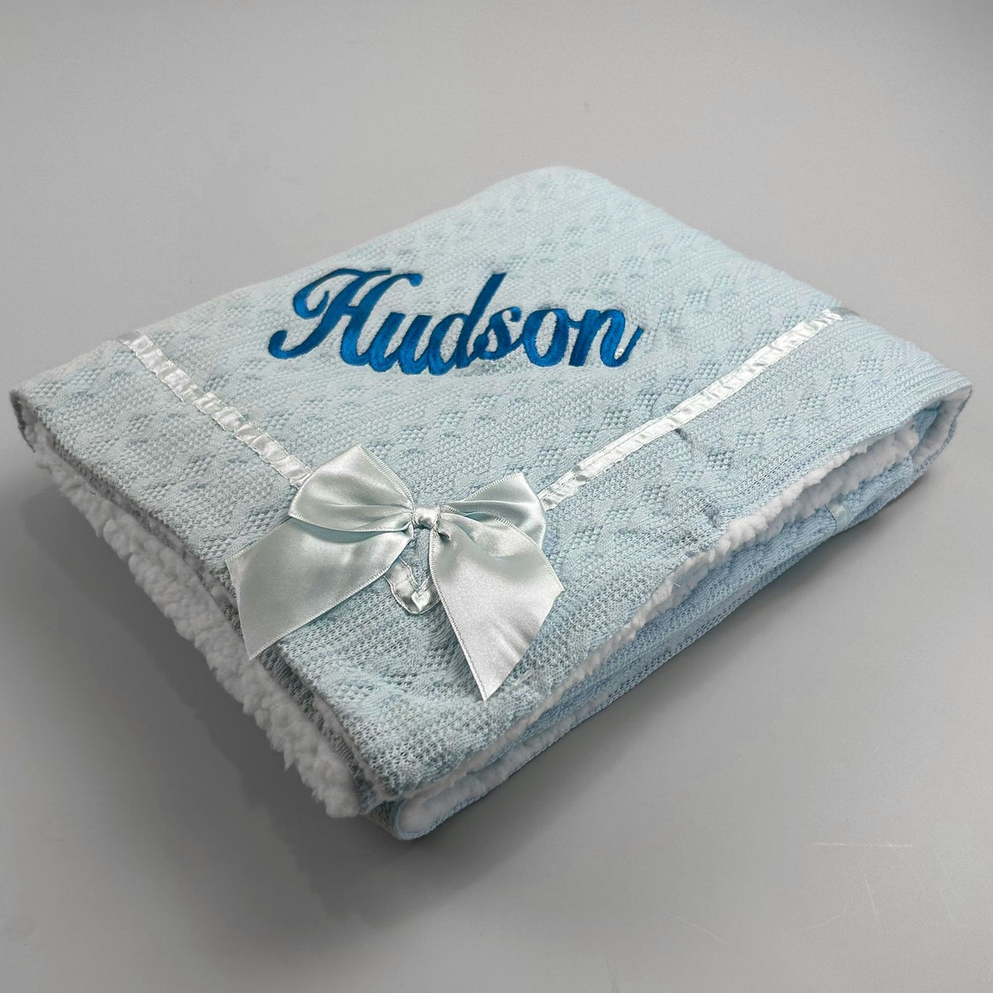 Personalised Baby Blanket - Blue - Deluxe with Bow