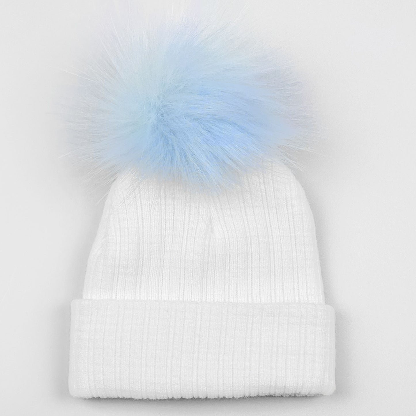 baby boys white and blue pom hat knitted