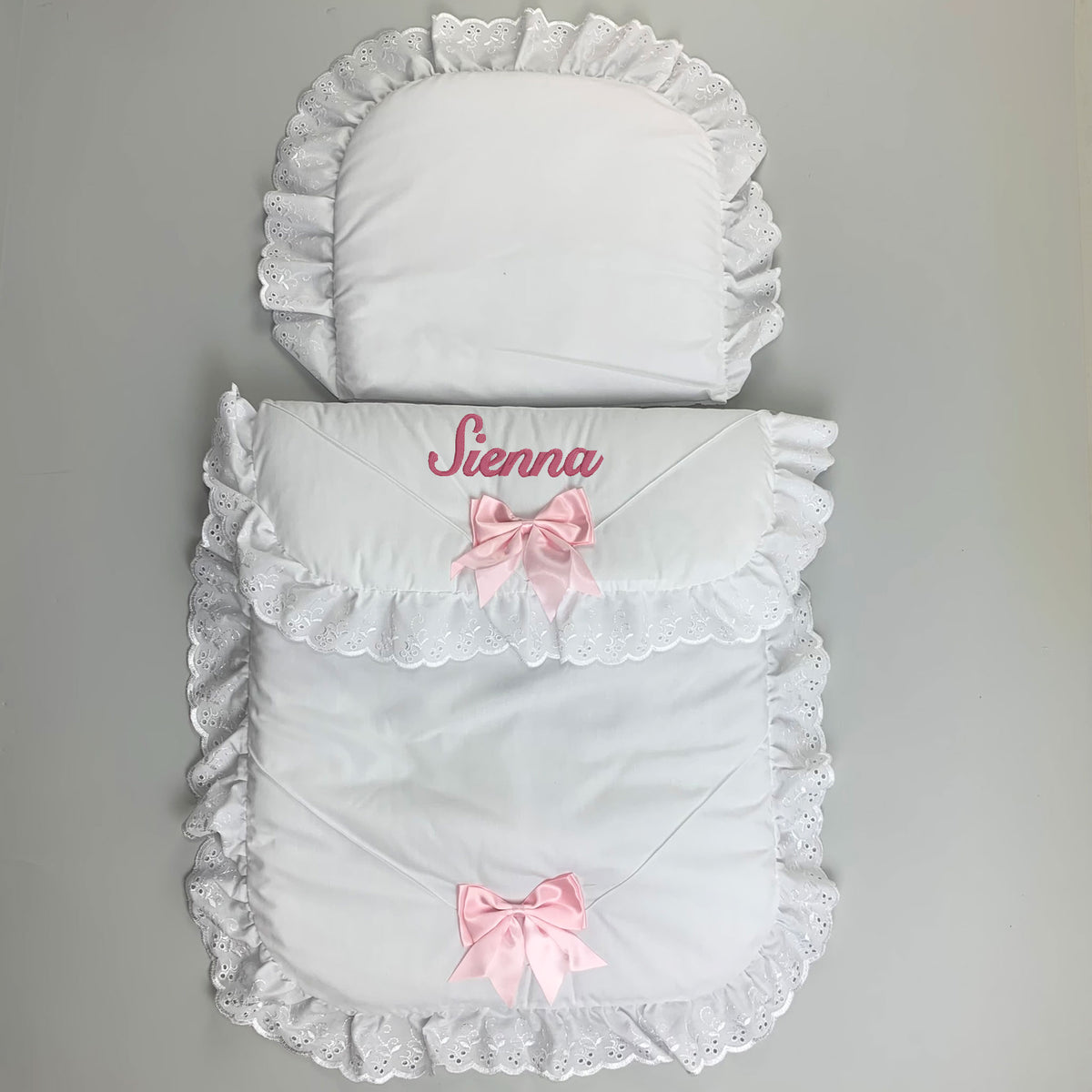 Personalised Pram Set Quilt Pillow White Pink