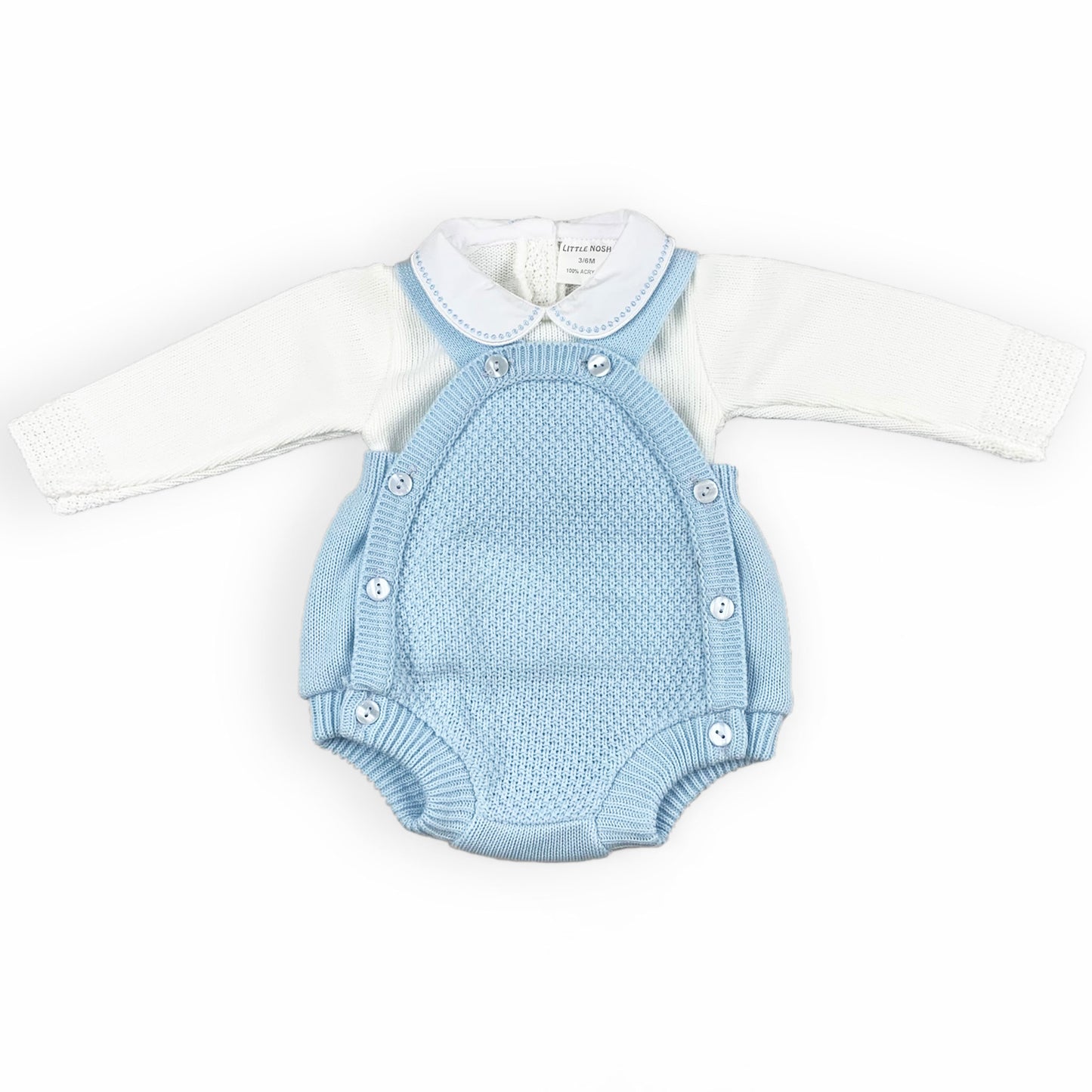 baby boys blue knitted romper and shirt