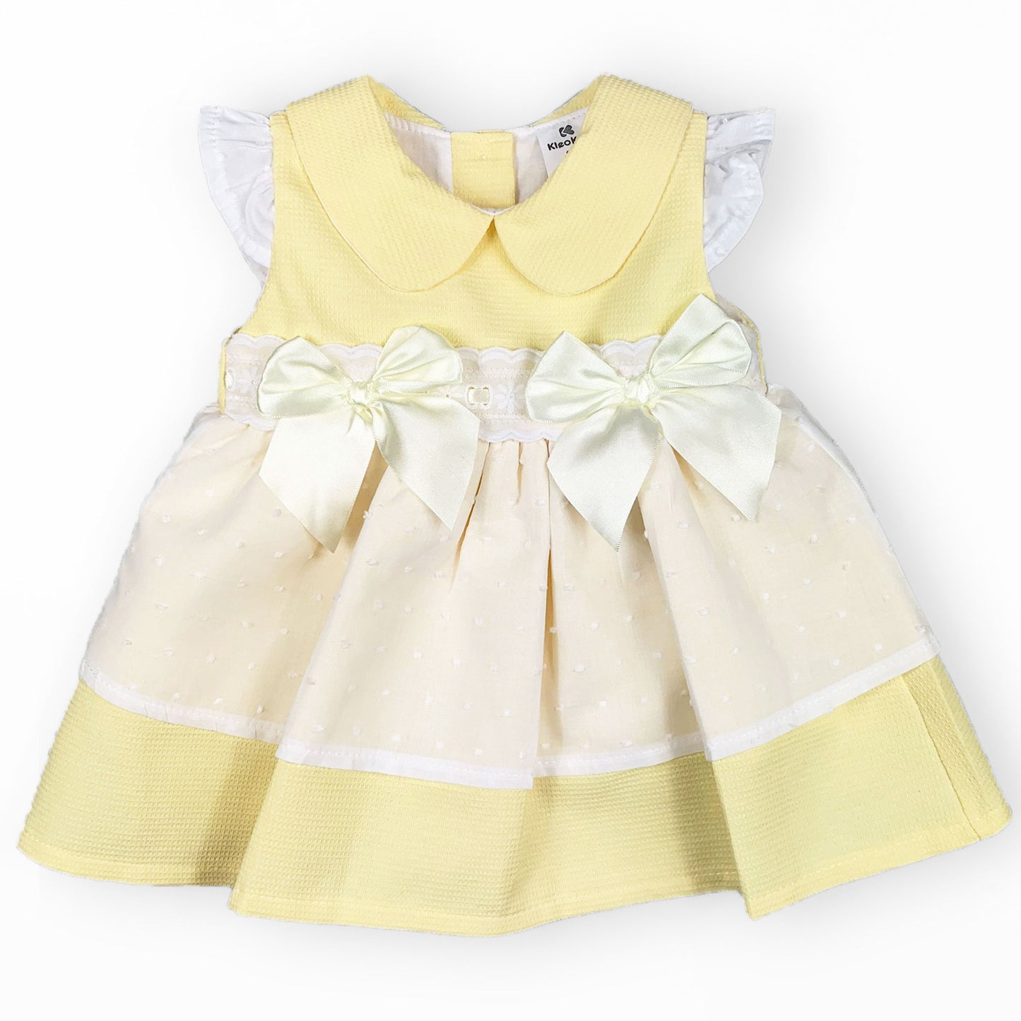 Baby Girls Lemon Yellow Spanish-Style Summer Dress – Satin Bows & Lace Detail