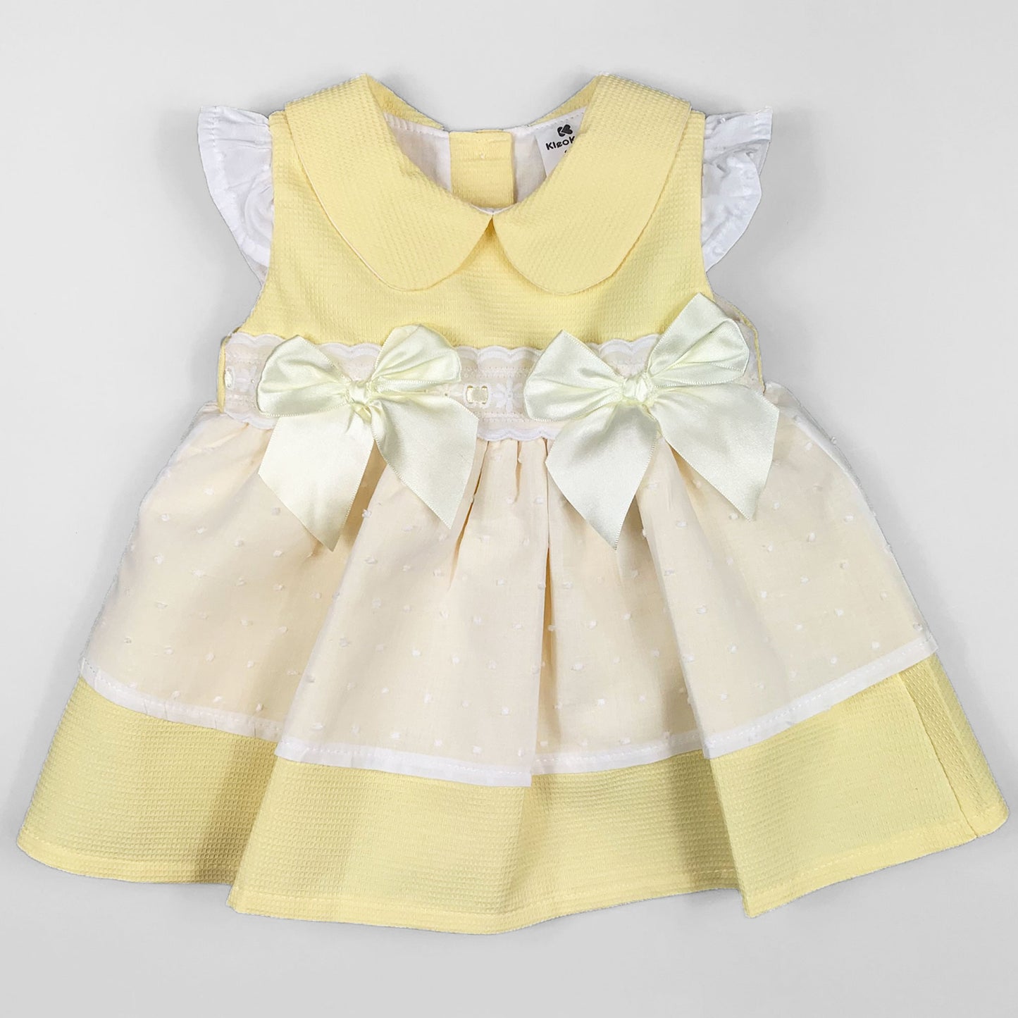 Baby Girls Lemon Yellow Spanish-Style Summer Dress – Satin Bows & Lace Detail