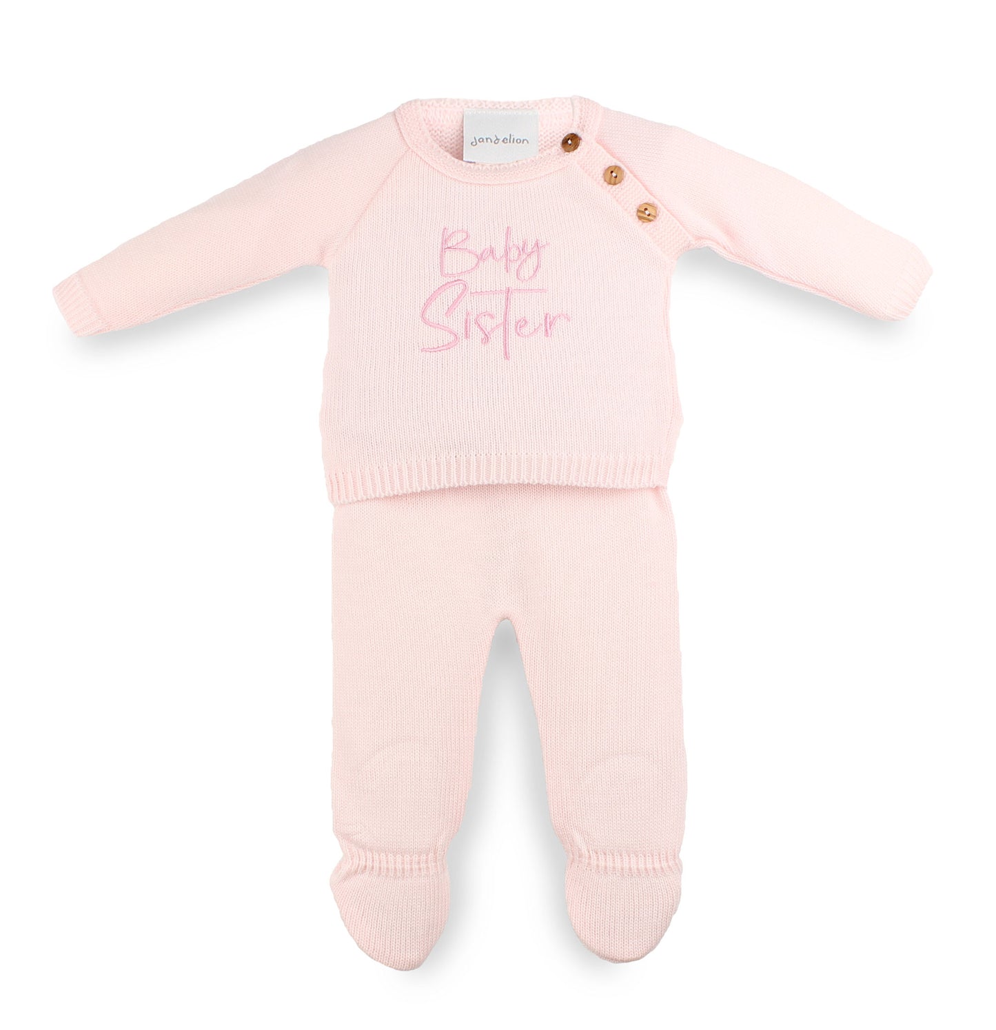 Pink Dandelion Baby Sister knitted outfit with matching footed leggings, made in Portugal and embroidered at Lullaby Lane Baby Shop.