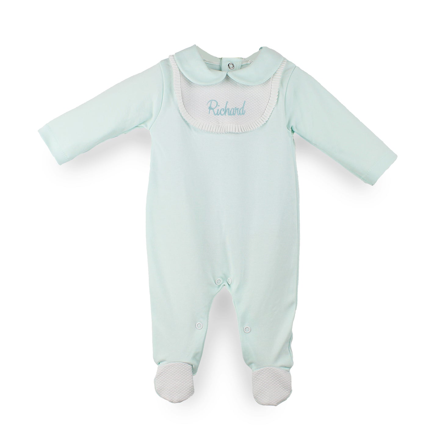 Personalised mint green baby sleepsuit with white bib and Peter Pan collar, embroidered with the name Richard.