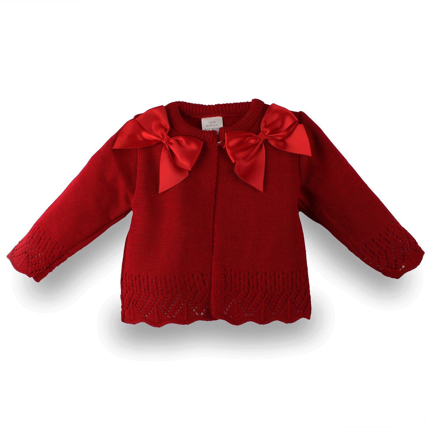 Baby girls red knitted cardigan with satin bows and scalloped openwork hem