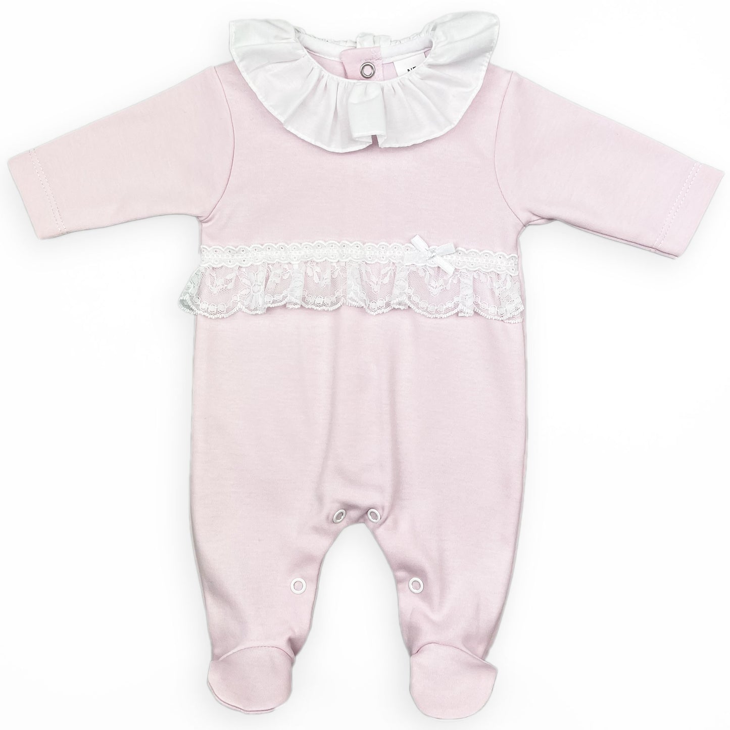 baby girls pink cotton sleep suit lace detail
