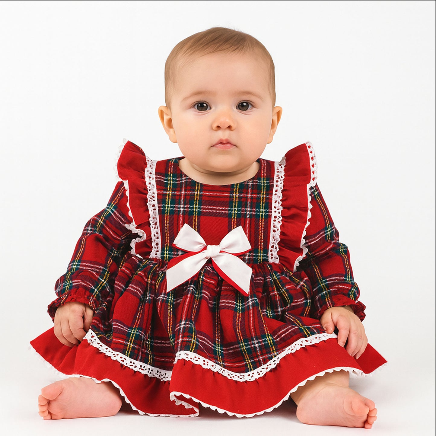 Baby Girls Red Tartan Dress with Red and White Bow
