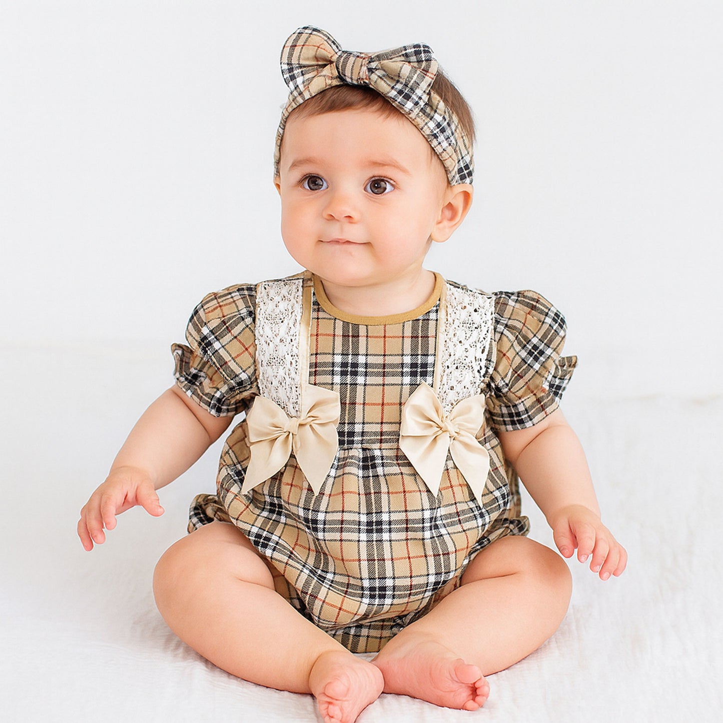 Baby Girls Beige Tartan Romper with Two Bows