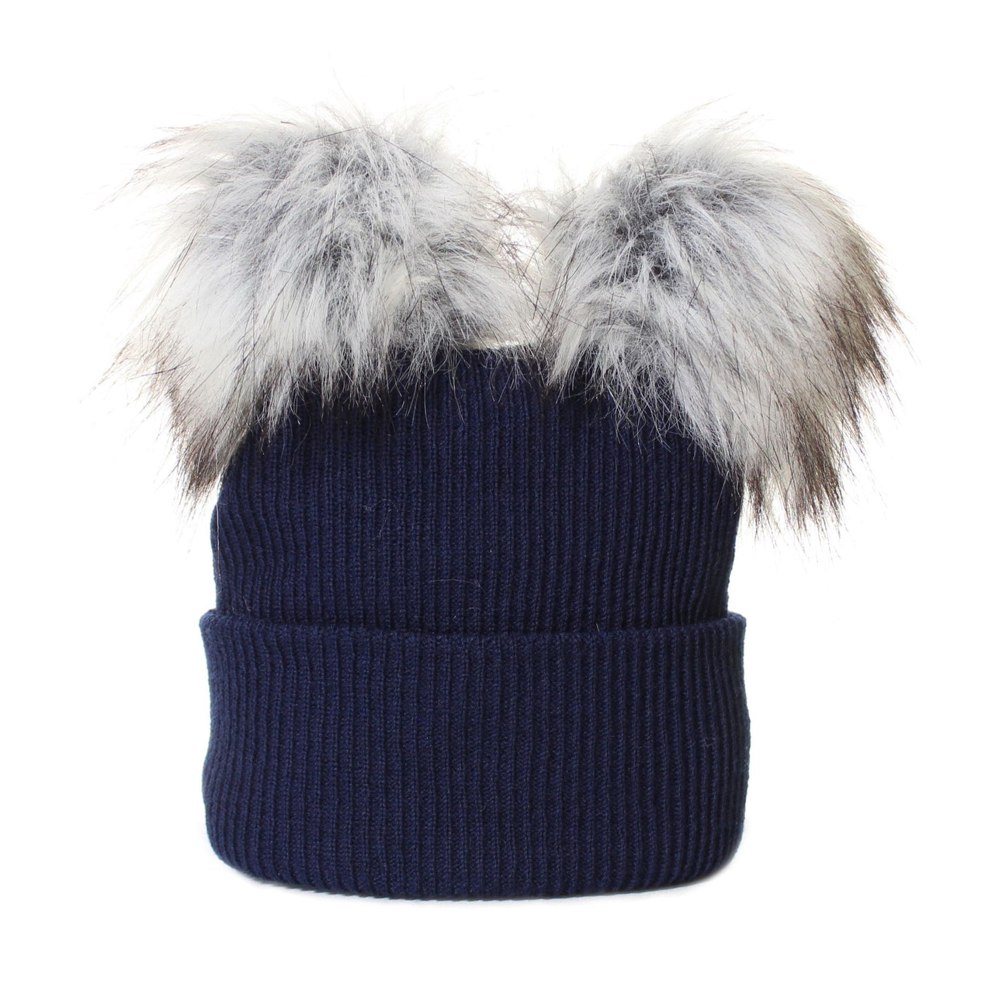 Navy blue knit beanie with two large fur pom-poms on a white background