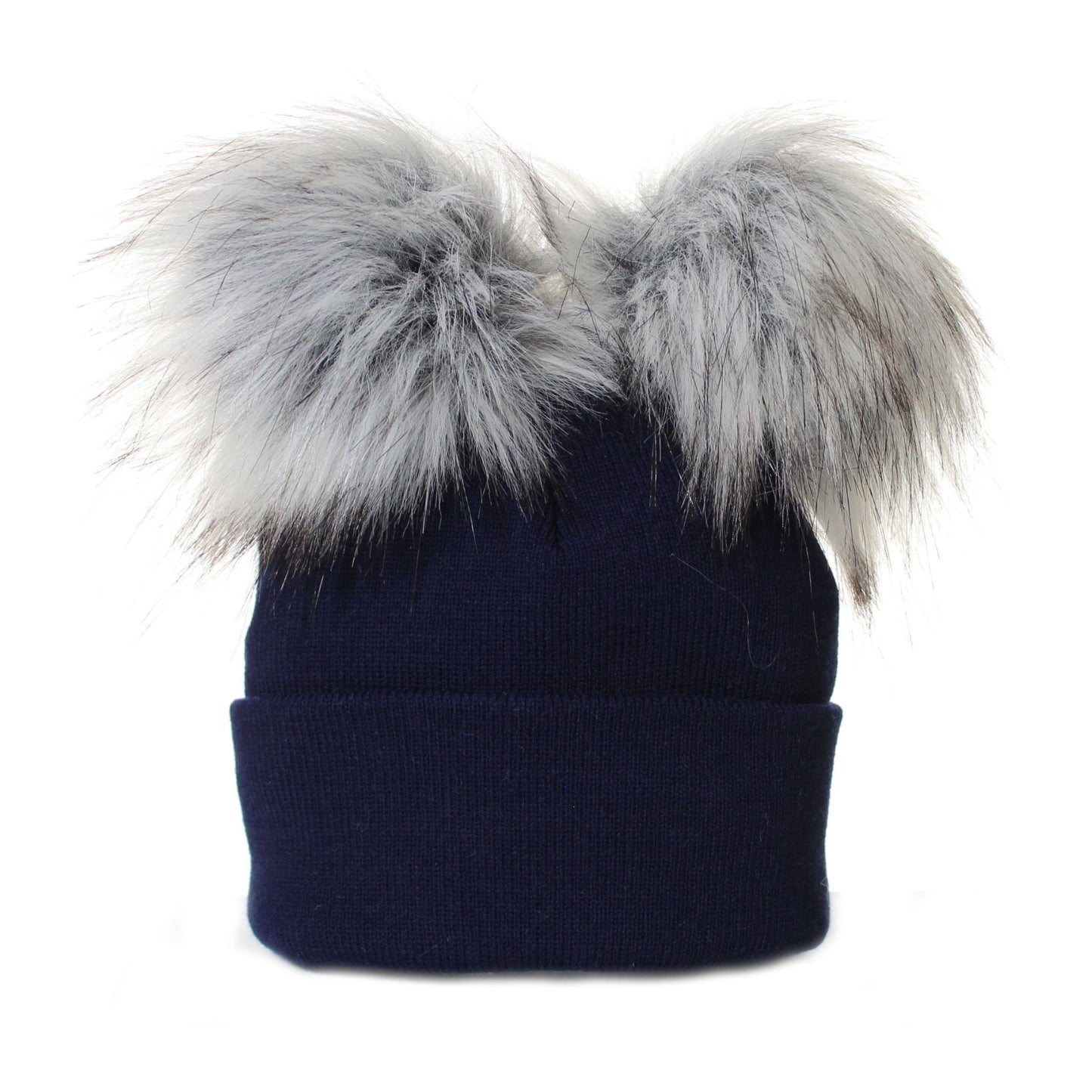 Navy blue beanie with large faux fur pom-poms on a white background