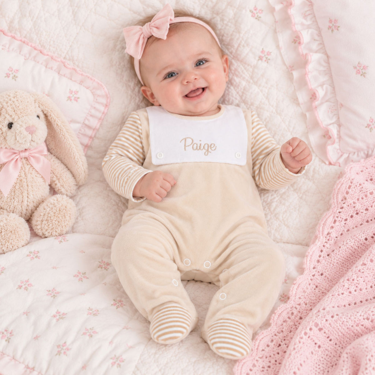 Personalised Beige Stripe Velour Baby Sleepsuit