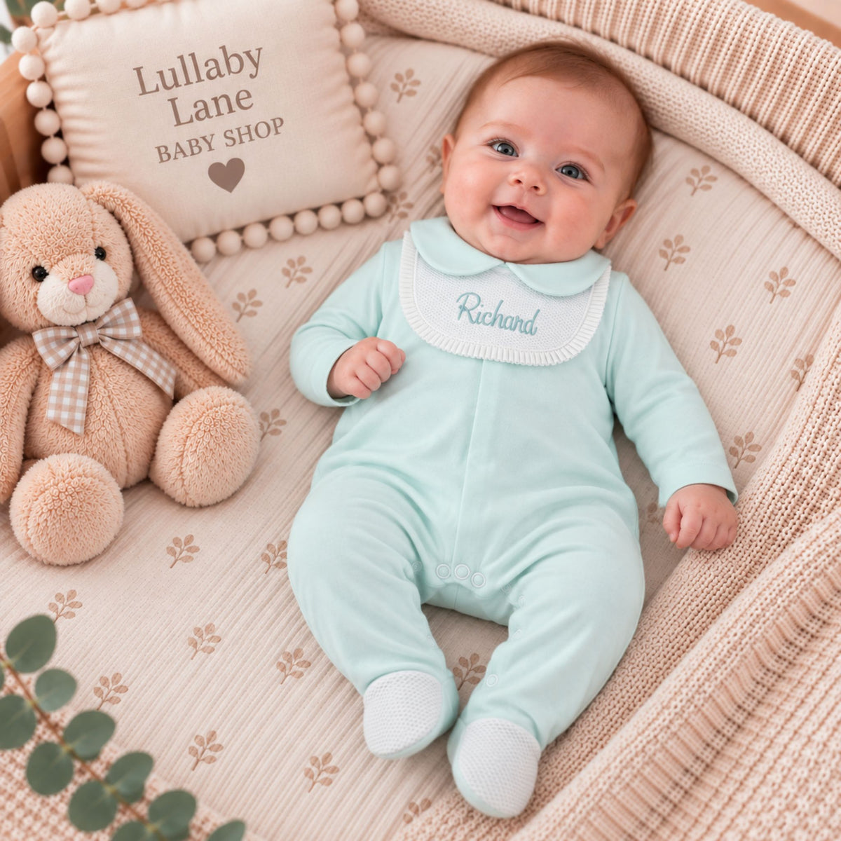 Personalised Mint Green Baby Sleepsuit with White Bib Detail | Made in Portugal
