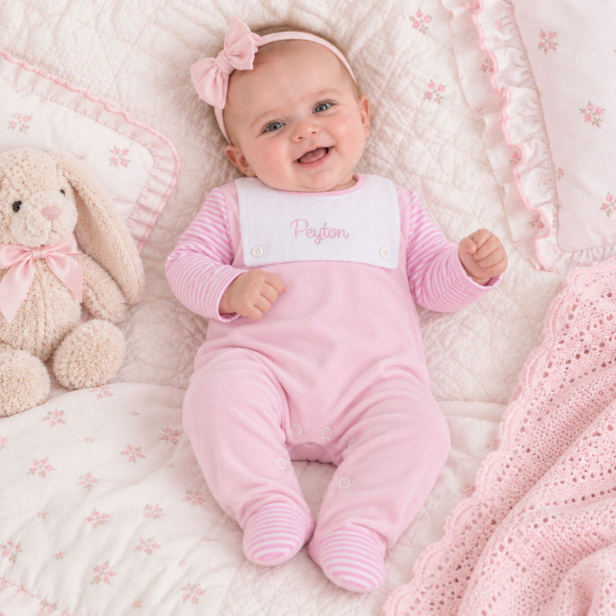 Personalised Pink Stripe Velour Baby Sleepsuit