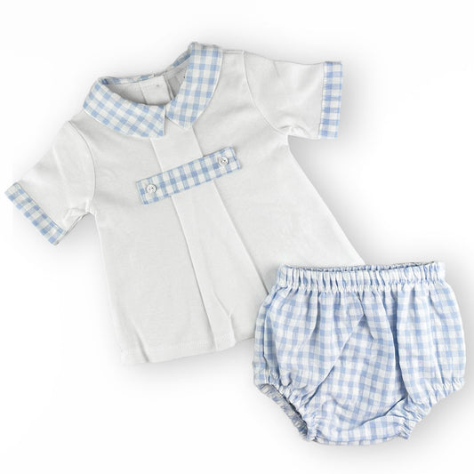 baby boys blue checkered two piece outfit