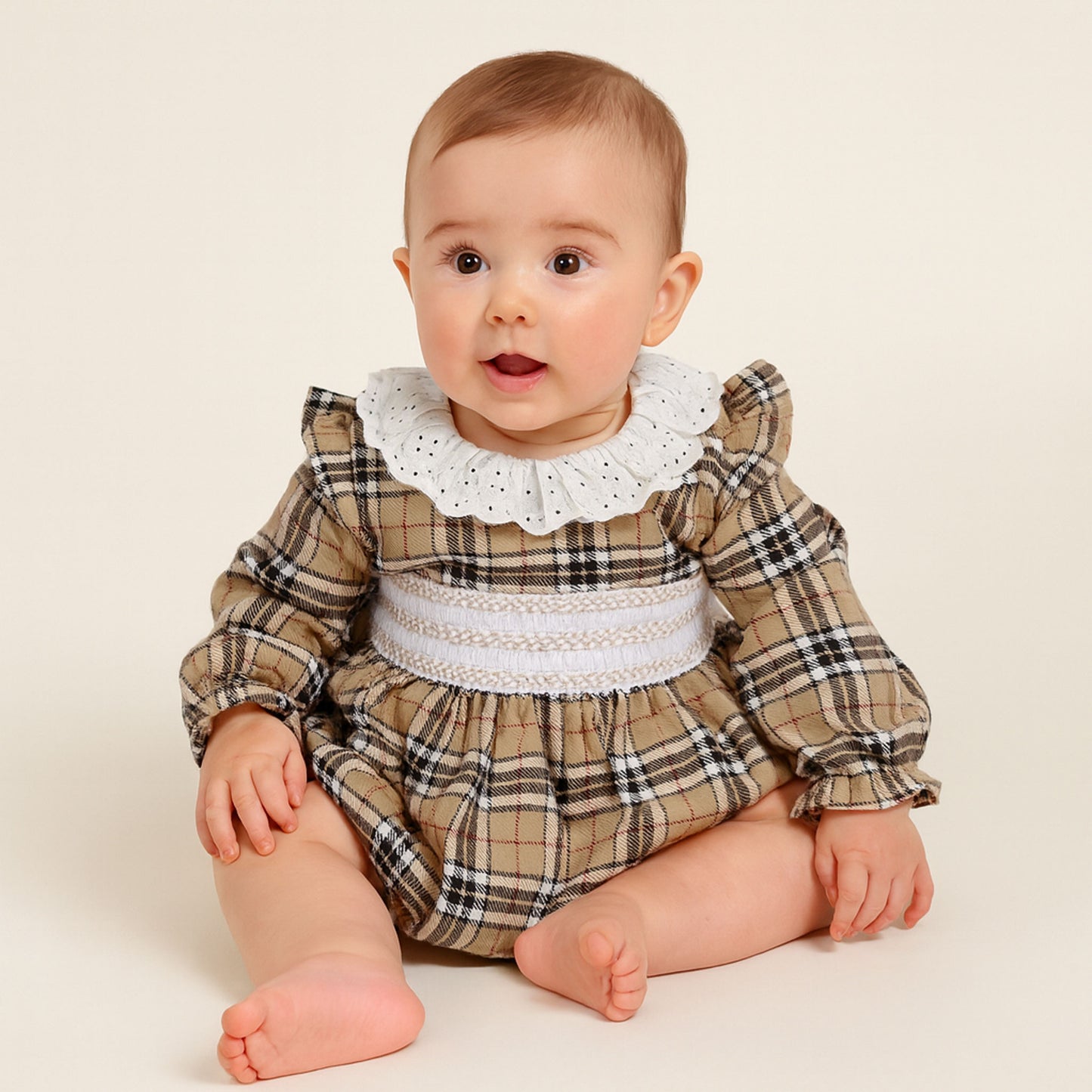 Baby Girls Beige Smocked Tartan Dress - Little Nosh