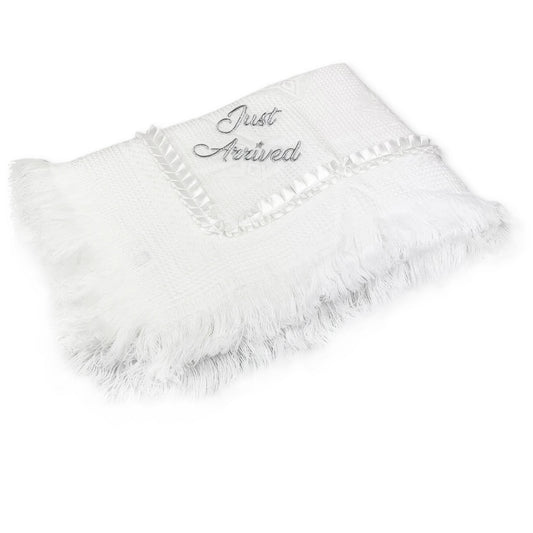 baby shawl with just arrived embroidery