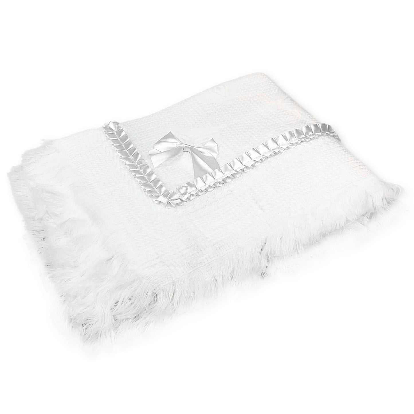 Baby Unisex Large White Shawl – 120cm x 120cm with White Satin Bow & Ruffle Ribbon Detail