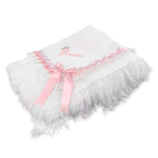 White Luxury Baby Girl Shawl – Princess Embroidery & Pink Satin Trim