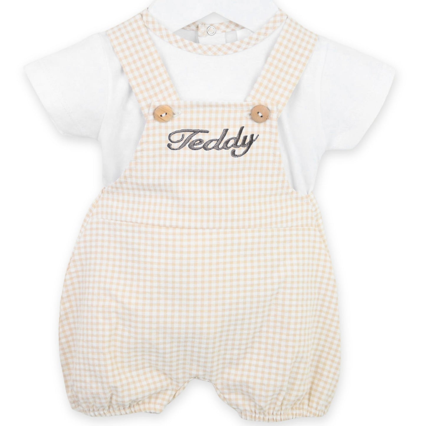 personalised beige and white checked two piece summer outfit baby boys