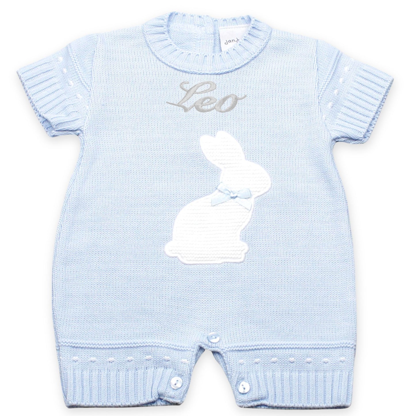 baby boys personalised knitted blue rabbit romper